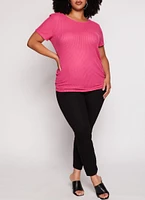 Womens Plus Size Waffle Knit Crew Neck Ruched Tee, Pink, Size 2X