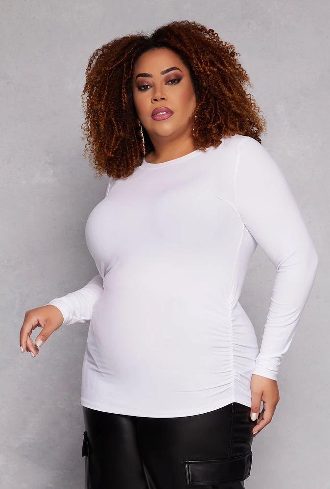 Womens Plus Size Ruched Side Long Sleeve Top, White, Size 2X