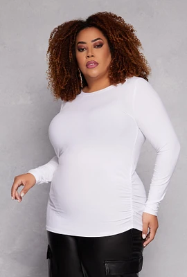 Womens Plus Size Ruched Side Long Sleeve Top, White, Size 2X