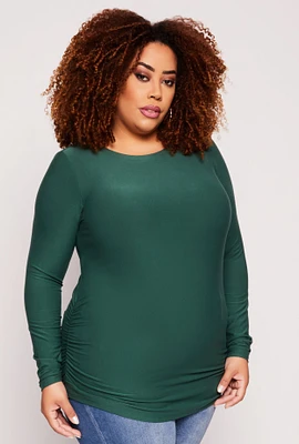 Womens Plus Size Ruched Side Long Sleeve Top, Green, Size 1X