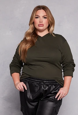 Womens Plus Size Long Sleeve Hooded Top, Green, Size 1X