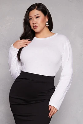 Womens Plus Size Basic Crew Neck Long Sleeve Top, White, Size 1X