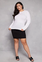 Womens Plus Size Basic Crew Neck Long Sleeve Top, White, Size 1X