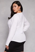 Womens Plus Size Basic Crew Neck Long Sleeve Top, White, Size 1X