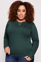 Womens Plus Size Basic Crew Neck Long Sleeve Top, Green, Size 3X