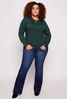 Womens Plus Size Basic Crew Neck Long Sleeve Top, Green, Size 3X