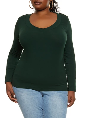 Womens Plus Solid V Neck Long Sleeve Tee,