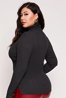 Womens Plus Size Ribbed Knit Long Sleeve Turtleneck Top, Grey, Size 1X