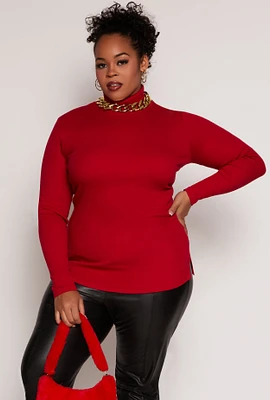 Womens Plus Size Ribbed Knit Long Sleeve Turtleneck Top, Red, Size 3X