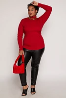 Womens Plus Size Ribbed Knit Long Sleeve Turtleneck Top, Red, Size 3X