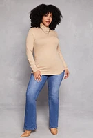 Womens Plus Size Ruched Mock Neck T Shirt, Beige, Size 1X