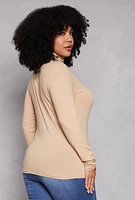 Womens Plus Size Ruched Mock Neck T Shirt, Beige, Size 1X