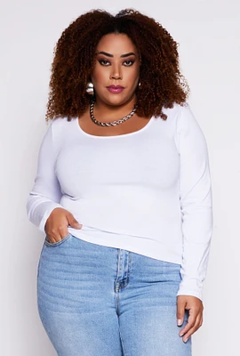 Womens Plus Size Basic Fleece Lined T Shirt, White, Size 1X