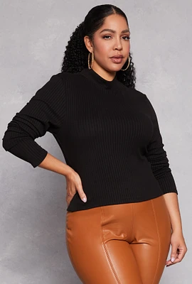 Womens Plus Size Ribbed Knit Mock Neck Top, Black, Size 3X