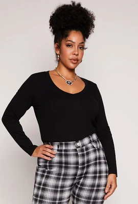Womens Plus Basic Long Sleeve V Neck Tee,