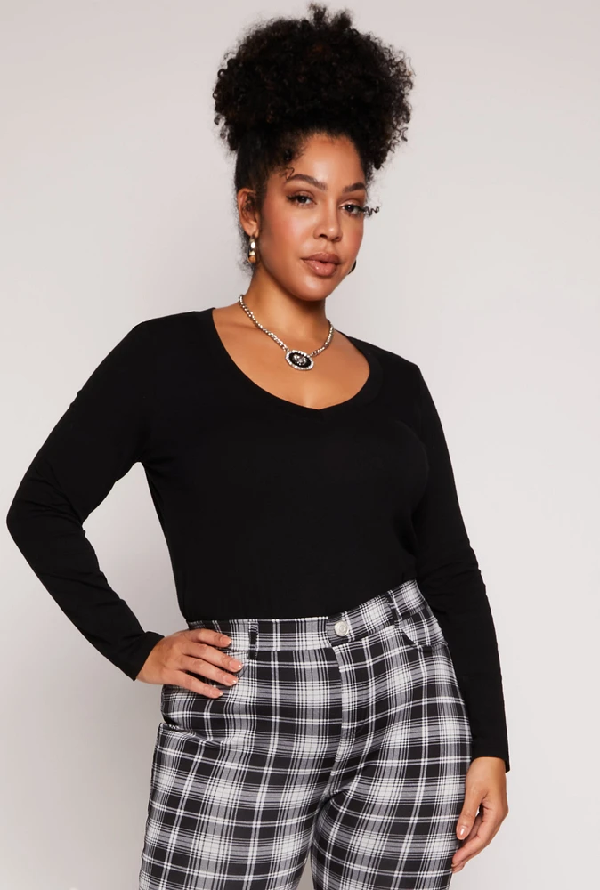 Womens Plus Basic Long Sleeve V Neck Tee,
