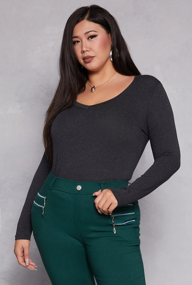 Womens Plus Basic Long Sleeve V Neck Tee, 2X