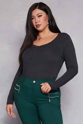 Womens Plus Basic Long Sleeve V Neck Tee, 2X