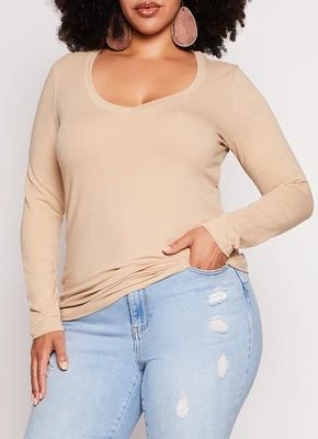 Womens Plus Basic Long Sleeve V Neck Tee,