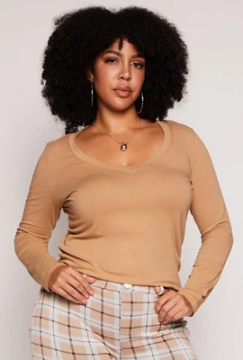 Womens Plus Basic Long Sleeve V Neck Tee,