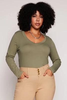 Womens Plus Basic Long Sleeve V Neck Tee,