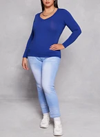 Womens Plus Basic Long Sleeve V Neck Tee,