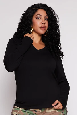 Womens Plus Size Long Sleeve V Neck T Shirt, Black, Size 1X