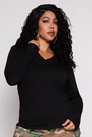 Womens Plus Size Long Sleeve V Neck T Shirt, Black, Size 1X