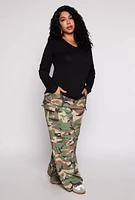 Womens Plus Size Long Sleeve V Neck T Shirt, Black, Size 1X
