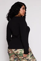Womens Plus Size Long Sleeve V Neck T Shirt, Black, Size 1X