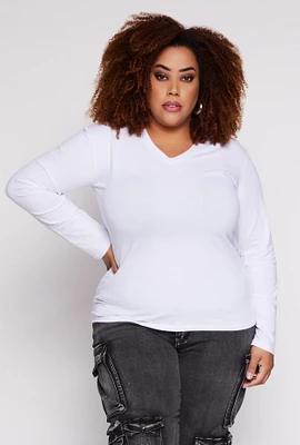 Womens Plus Size Long Sleeve V Neck T Shirt, White, Size 2X