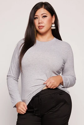 Womens Plus Size Long Sleeve Crew Neck Tee, Grey, Size 3X