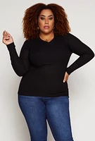 Womens Plus Size Rib Knit V Neck Long Sleeve Top, Black, Size 1X