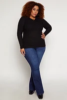 Womens Plus Size Rib Knit V Neck Long Sleeve Top, Black, Size 1X