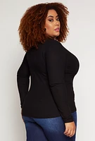 Womens Plus Size Rib Knit V Neck Long Sleeve Top, Black, Size 1X