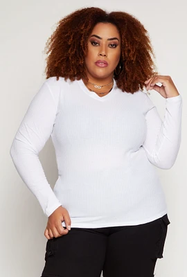 Womens Plus Size Rib Knit V Neck Long Sleeve Top, White, Size 2X