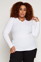 Womens Plus Size Rib Knit V Neck Long Sleeve Top, White, Size 2X