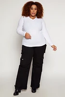 Womens Plus Size Rib Knit V Neck Long Sleeve Top, White, Size 2X