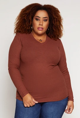 Womens Plus Size Rib Knit V Neck Long Sleeve Top, Brown, Size 1X