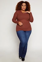 Womens Plus Size Rib Knit V Neck Long Sleeve Top, Brown, Size 1X