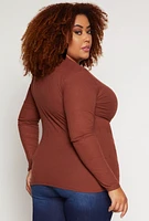 Womens Plus Size Rib Knit V Neck Long Sleeve Top, Brown, Size 1X