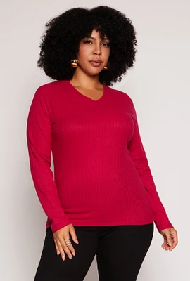 Womens Plus Size Rib Knit V Neck Long Sleeve Top, Pink, Size 3X