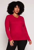 Womens Plus Size Rib Knit V Neck Long Sleeve Top, Pink, Size 3X