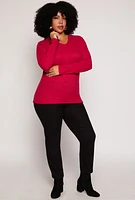 Womens Plus Size Rib Knit V Neck Long Sleeve Top, Pink, Size 3X