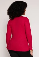 Womens Plus Size Rib Knit V Neck Long Sleeve Top, Pink, Size 3X