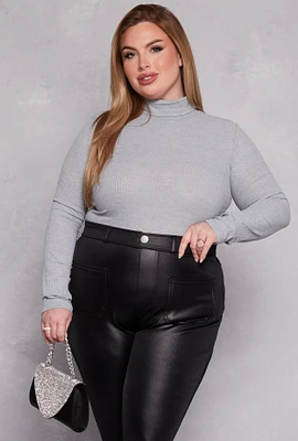 Womens Plus Size Basic Ribbed Knit Turtleneck Top, Grey, Size 2X