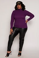 Womens Plus Size Basic Ribbed Knit Turtleneck Top, Purple, Size 1X