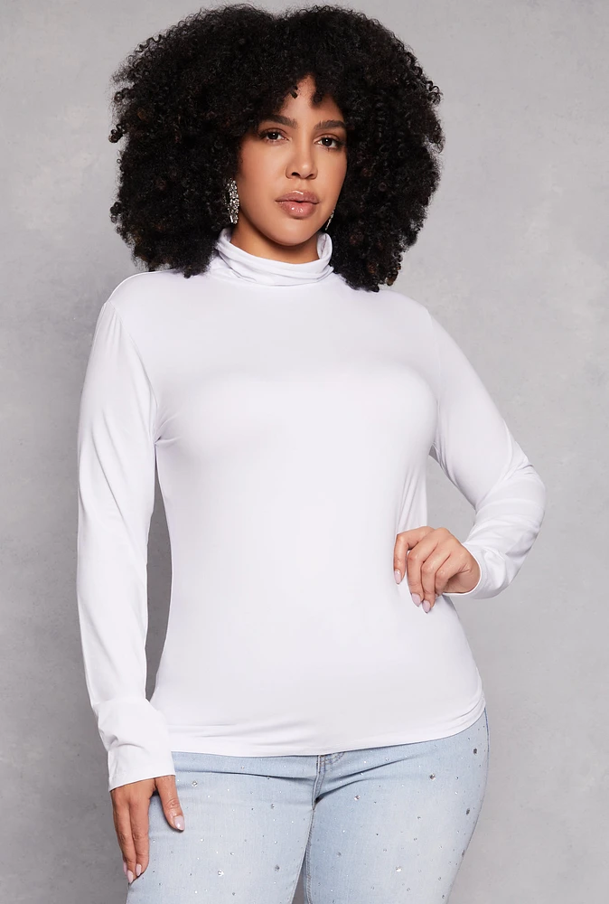 Womens Plus Size Basic Soft Knit Turtleneck Top, White, Size 3X