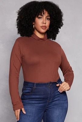 Womens Plus Size Basic Soft Knit Turtleneck Top, Brown, Size 2X
