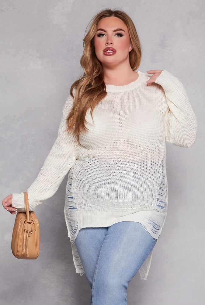 Womens Plus Size Distressed Crew Neck Sweater, White, Size 3X